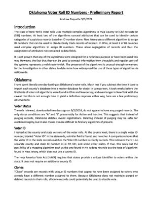 Oklahoma Voter Roll ID Numbers - Preliminary Report